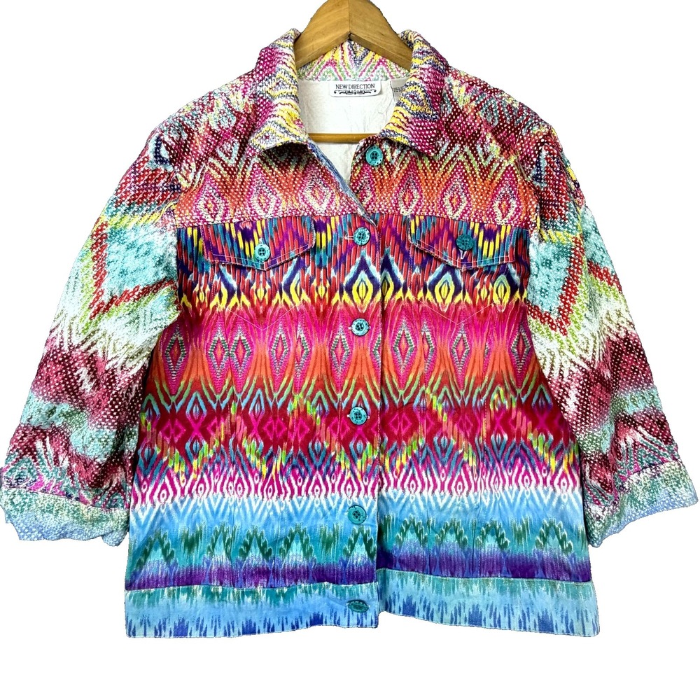 New Direction Shacket Womens Large Pink Blue Ikat Bold Tropical Beach Maximalist